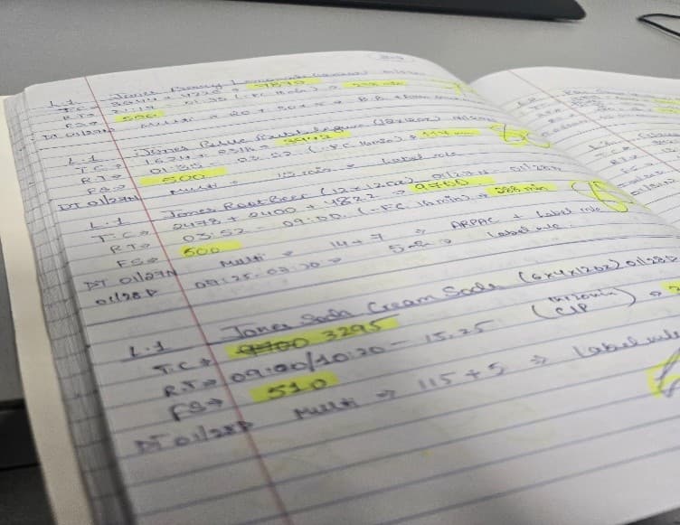 A paper ledger showing manual OEE calculations from a previous shift.
